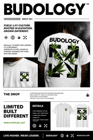 BUDOLOGY™ “Grown Different” White Tee – Small Chest / Bold Back Graphic